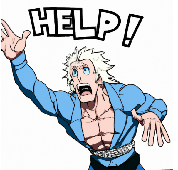 A cartoon version of Rick Flair asking for Help.